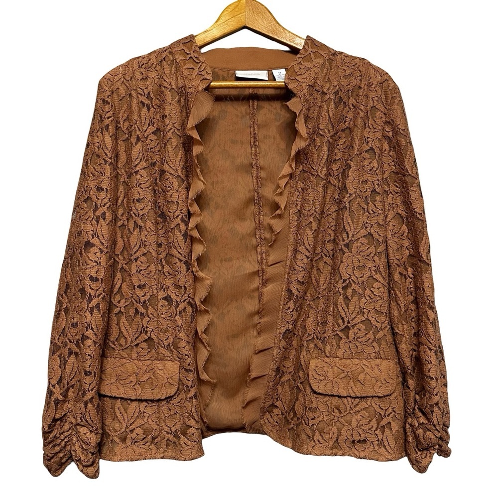 Chico’s Brown Lace Open Front Jacket Cardigan Size 2 Large Office Chic Elegant